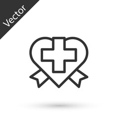 Grey line Heart with a cross icon isolated on white background. First aid. Healthcare, medical and pharmacy sign. Vector