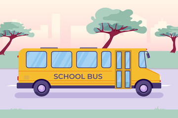Yellow school bus. Riding vehicle with pupils. Side view. Back to school. Colorful vector illustration. Cartoon style 