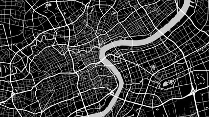 Black and white grey Shanghai City area vector background map, streets and water cartography illustration.