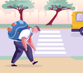 Tired boy with backpack coming back after school. Schoolboy. Sad pupil exhausted by studies and lessons. Back to school. Education. Colourful vector illustration. Cartoon style 