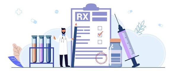 RX medical prescription drug vector illustration concept Medicine prescription with medicines Prescription form Doctor writes signature in recipe Disease therapy pills Painkiller drugs Pharmacy © JulsIst