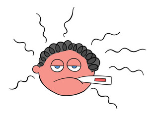 Cartoon man is sick and has a fever, vector illustration