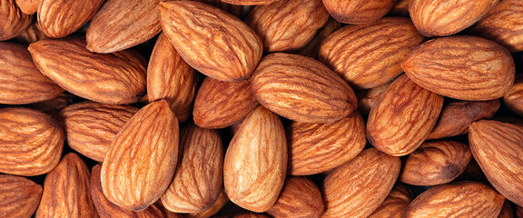 Background of almonds. Fried almonds. Scattered almond grains. Background for advertising