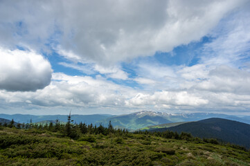 Beautiful landscape of mountain ranges and forests in the Ukrainian carpathians