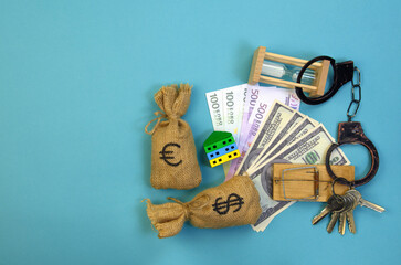 bags with euro and dollar coins, currency bills, model houses, bunch of keys, mousetrap, hourglass and handcuffs, late payments - liability under the law