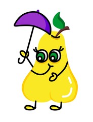 Cartoon cute kind yellow illustration of a pear with beautiful eyes is standing under an umbrella. For a set of stickers, childrens events, recreation, leisure.