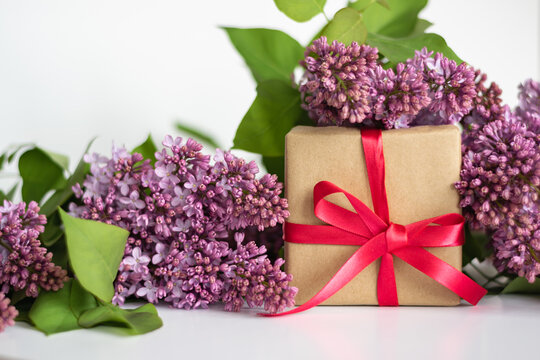 On a white background, a bouquet of purple lilacs and a gift wrapped with a red satin ribbon. Congratulations on women's day, valentine's day, mother's day. Horizontal photo. 