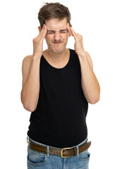 Young handsome tall slim white man with brown hair with severe headache in black undershirt isolated on white background