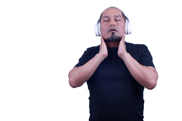 Fototapeta premium Sitting in studio of man grimacing and holding objects, on a white background.