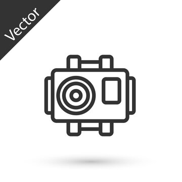 Grey line Photo camera for diver icon isolated on white background. Foto camera icon. Diving underwater equipment. Vector
