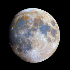Waxing gibbous Moon phase, with its natural colors, from red to blue, Taken with my telescope.