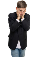 Young handsome tall slim white man with brown hair is sad in black blazer isolated on white background