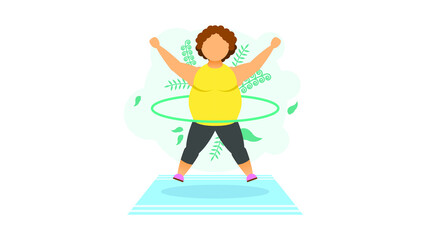 Abstract Flat Fat WoMan With Hoop Cartoon People Character Concept Illustration Vector Design Style With Leaves Physical Exercises Sport Jump