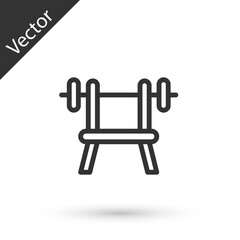 Grey line Bench with barbell icon isolated on white background. Gym equipment. Bodybuilding, powerlifting, fitness concept. Vector