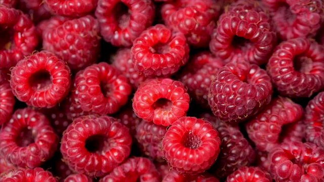 Close Up Rotation Loopable Raspberry. Fresh, Juicy Raspberry Background, Ripe. Macro Red Raspberries Fruit. Fresh Raspberry Fruits As Food Dackground. Healthy Food Organic Nutrition.
