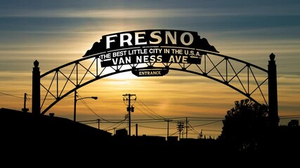 California: Fresno Archway at Sunset, The Best Little City in the U.S.A. - Powered by Adobe