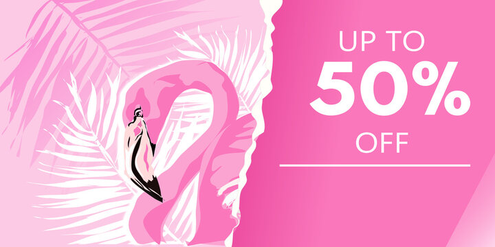 Baner wyprzedaż, flaming na  tle   r&oacute;żowym z tropikalnymi liśćmi