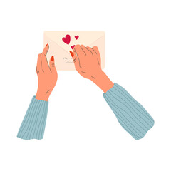 Hands hold and open an envelope with hearts. Trendy hand drawn illustration for banner, greeting card and stationery design. Mail delivery and post office