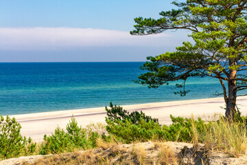 Summer landscape. A lonely beach with white sand and blue sea. View of Baltic sea coast.  Hel Peninsula, Hel, Pomerania, Poland - obrazy, fototapety, plakaty