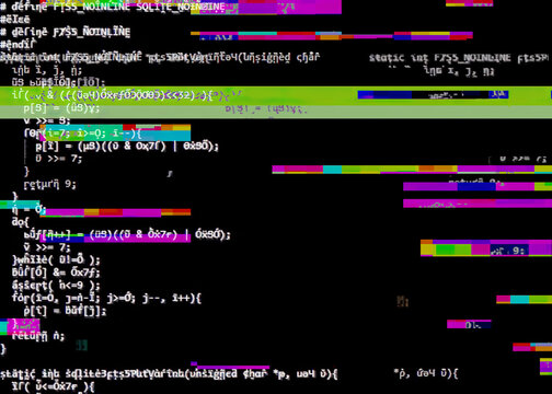Obfuscated source code on a screen, with nasty digital glitch distortion (bugs).
