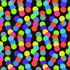 Bright multicolored circles on a black background. Circles of different colors overlap each other. Seamless background for any use.