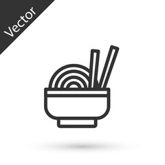 Grey line Asian noodles in bowl and chopsticks icon isolated on white background. Street fast food. Korean, Japanese, Chinese food. Vector