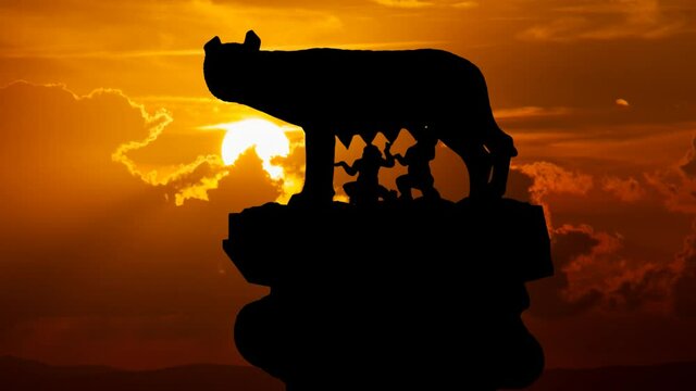 Capitoline Wolf, Time Lapse at Sunset with Red Sun and Fiery Sky, Rome, Italy