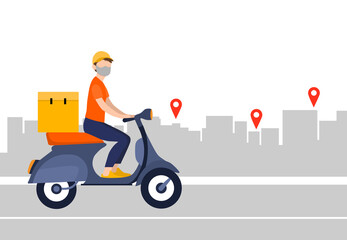 Delivery man riding motorcycle, send order package to customer, express delivery bike service. Flat design vector illustration on orange background