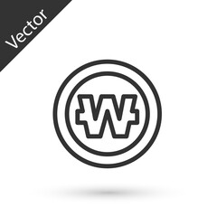 Grey line South Korean won coin icon isolated on white background. South Korea currency business, payment and finance. Vector