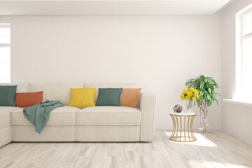 White living room with sofa. Scandinavian interior design. 3D illustration