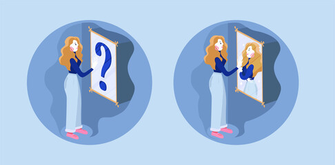 Vector illustrations of young woman with self doubt facing mirror and confident girl facing mirror in shades of blue. Can be used for mental health blogs, articles, presentations.