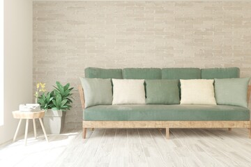 Soft color living room with sofa. Scandinavian interior design. 3D illustration