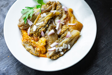 eggplant salad pickled vegetable on the table healthy food meal snack copy space food background rustic. top view keto or paleo diet veggie vegan or vegetarian food pescetarian diet