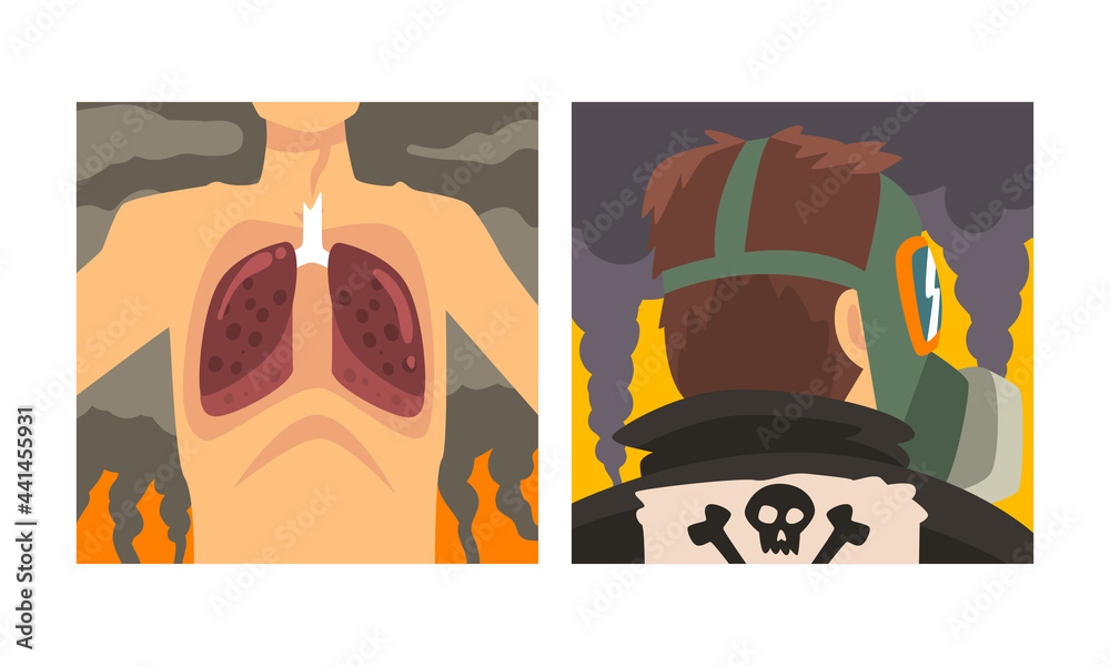 Sticker Man Suffering from Industrial Smog and Respiratory Disease Caused By Air Pollution Vector Set