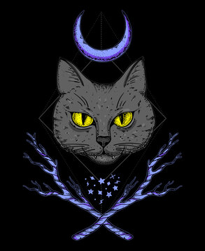 Mystical cat sketch. Hand drawn illustration. T-shirt design. Occultism, paganism and witchcraft. Halloween illustration.