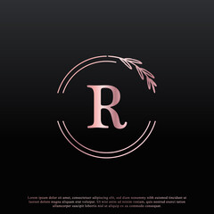 Elegant R Letter Circle Floral Logo with Creative Elegant Leaf Monogram Branch Line and Pink Black Color. Usable for Business, Fashion, Cosmetics, Spa, Science, Medical and Nature Logos.