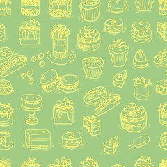 
Pastries  cakes cupcakes vector graphics  engraving sketch. hand drawn picture sweet food menu cooking dough sweets. print textile logo background patern seamless
