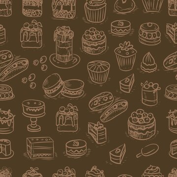 
Pastries  cakes cupcakes vector graphics  engraving sketch. hand drawn picture sweet food menu cooking dough sweets. print textile logo background patern seamless
