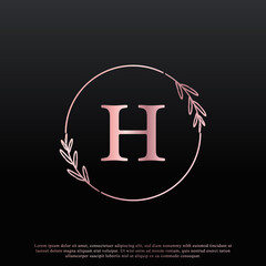Elegant H Letter Circle Floral Logo with Creative Elegant Leaf Monogram Branch Line and Pink Black Color. Usable for Business, Fashion, Cosmetics, Spa, Science, Medical and Nature Logos.