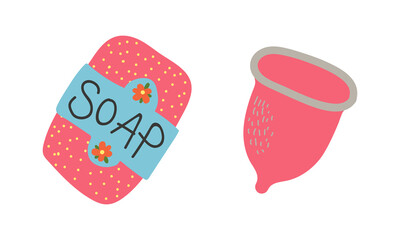 Zero Waste with Menstrual Cup and Soap as Everyday Reused Object Vector Set