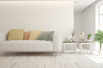 Naklejka premium Soft color living room with sofa. Scandinavian interior design. 3D illustration