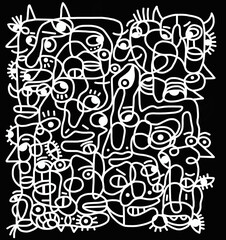 Fototapeta premium Black and white cartoon pattern on black background, abstract design