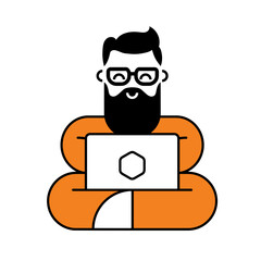 A computer guru in an orange suit with glasses and a beard is sitting in a yoga pose. Logo, mascot or icon in flat style.