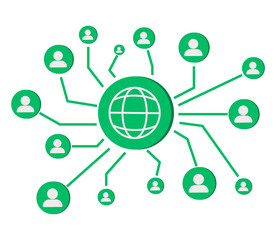 Connected people as social community networking worldwide tiny person concept. Linking business contacts online in social media vector illustration. Cooperation and teamwork using internet connection.