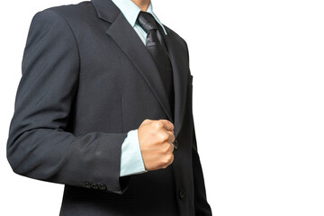 Portrait business man wearing a black suit stand clenched hand or fist on his side isolated on white background with clipping path (select focus at hand)