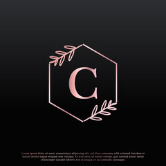 Elegant C Letter Hexagon Floral Logo with Creative Elegant Leaf Monogram Branch Line and Pink Black Color. Usable for Business, Fashion, Cosmetics, Spa, Science, Medical and Nature Logos.