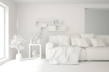 Mock up of minimalist living room in white color with sofa. Scandinavian interior design. 3D illustration