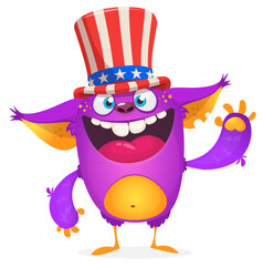Cartoon funny monster wearing Amirican uncle Sam hat on USA Independence Day . Vector illustration of alien creature character