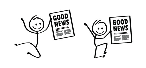Greet news. Cartoon stickman with good news and bad news. Vector stick figures. Fact or fake newspaper sign. Like or dislike banner.