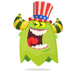 Cartoon funny monster wearing Amirican uncle Sam hat on USA Independence Day . Vector illustration of alien creature character